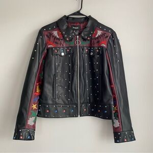 Desigual Carole Jewelled Faux Leather Embroidered Jacket Size 8 NWT
